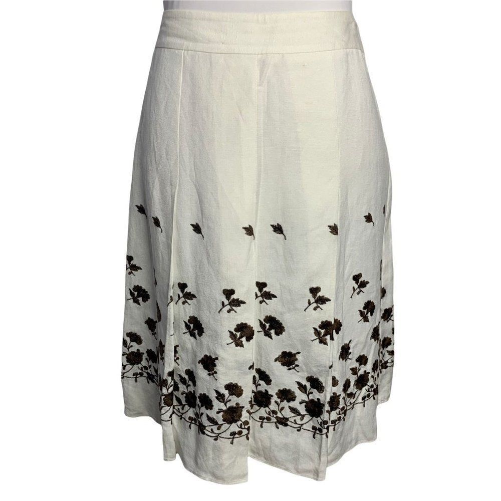 Vintage Ann Taylor Pleated Linen Skirt 4P White Floral Embroidery Lined Zipper
